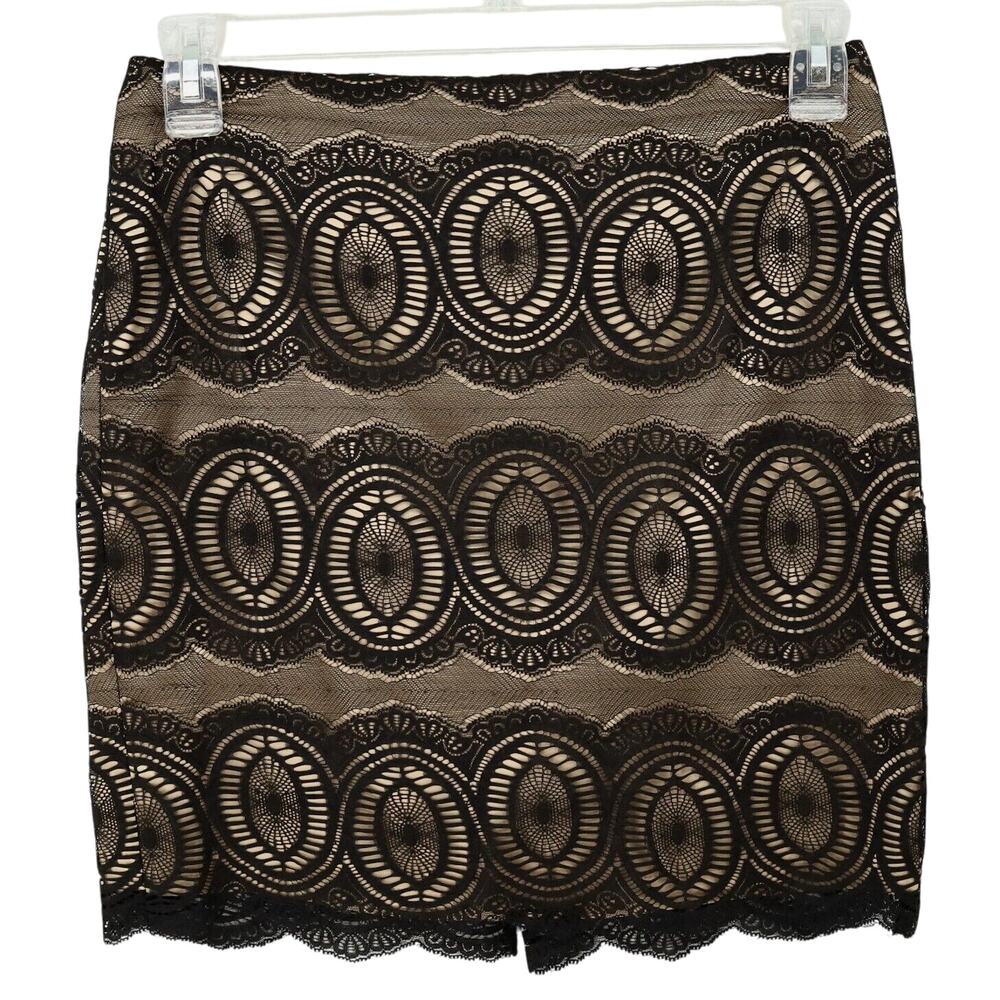 Cache Skirt Womens 6 Black Lace Beige Lining Pencil Short Back Zip Party Formal